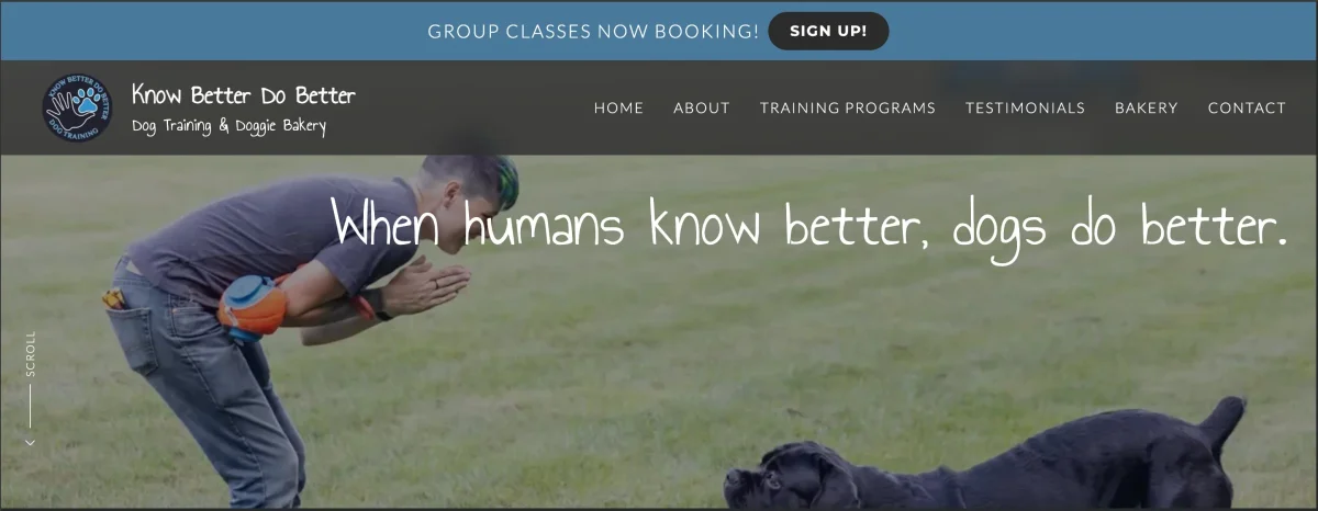 Know Better Do Better Dog Training homepage — built by Shoreline Web Solutions