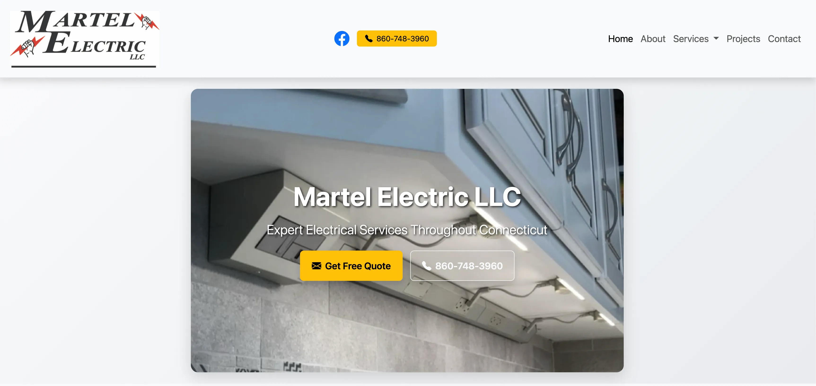 Screenshot of Martel Electric LLC website homepage showing professional electrical contractor services