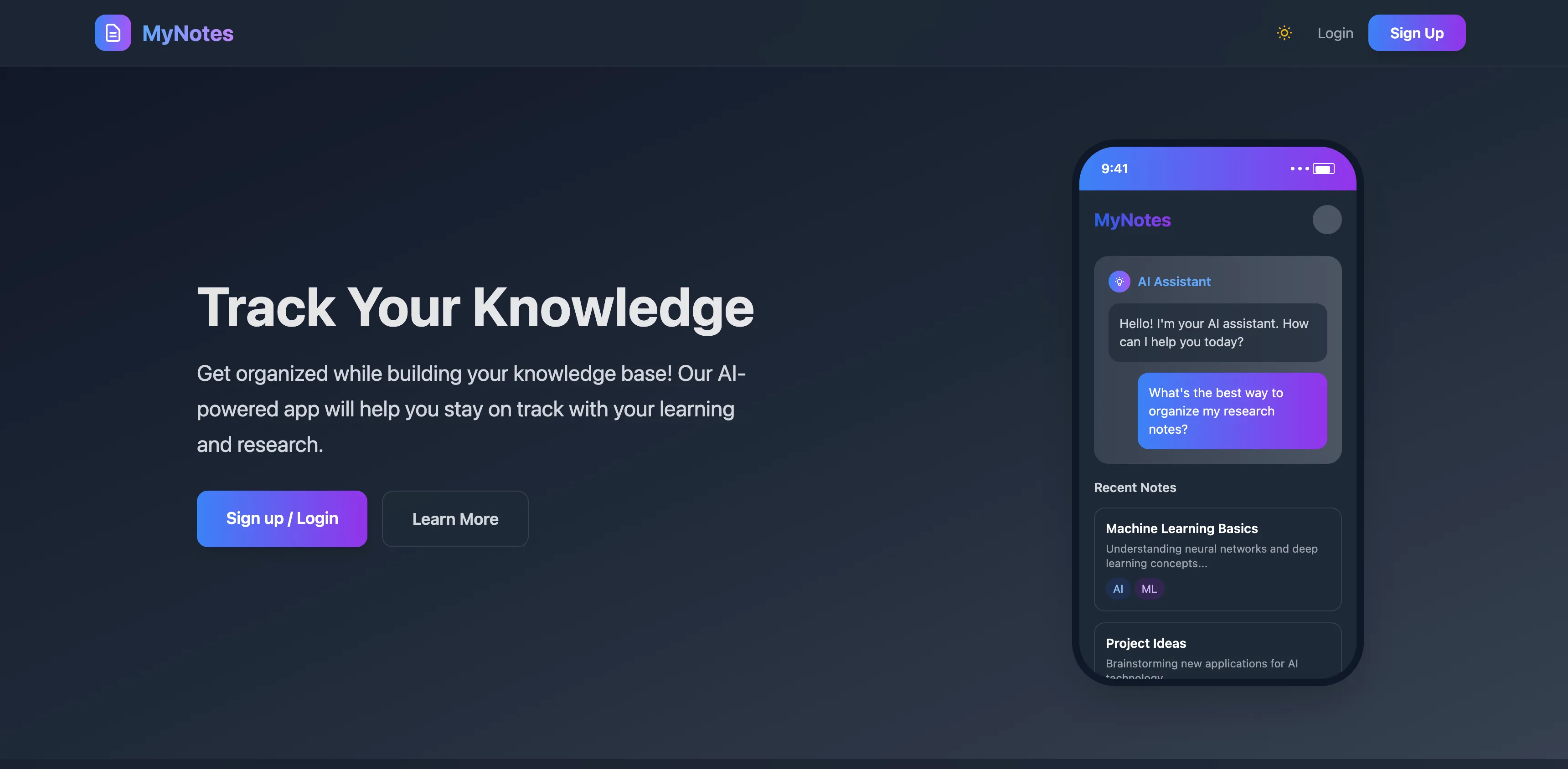Screenshot of MyNotes personal wiki application showing AI-powered knowledge management features